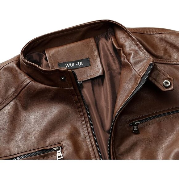 🆕 Men Brown Stand Collar Leather Jacket Motorcycle Lightweight Faux Outwear - Picture 5 of 7